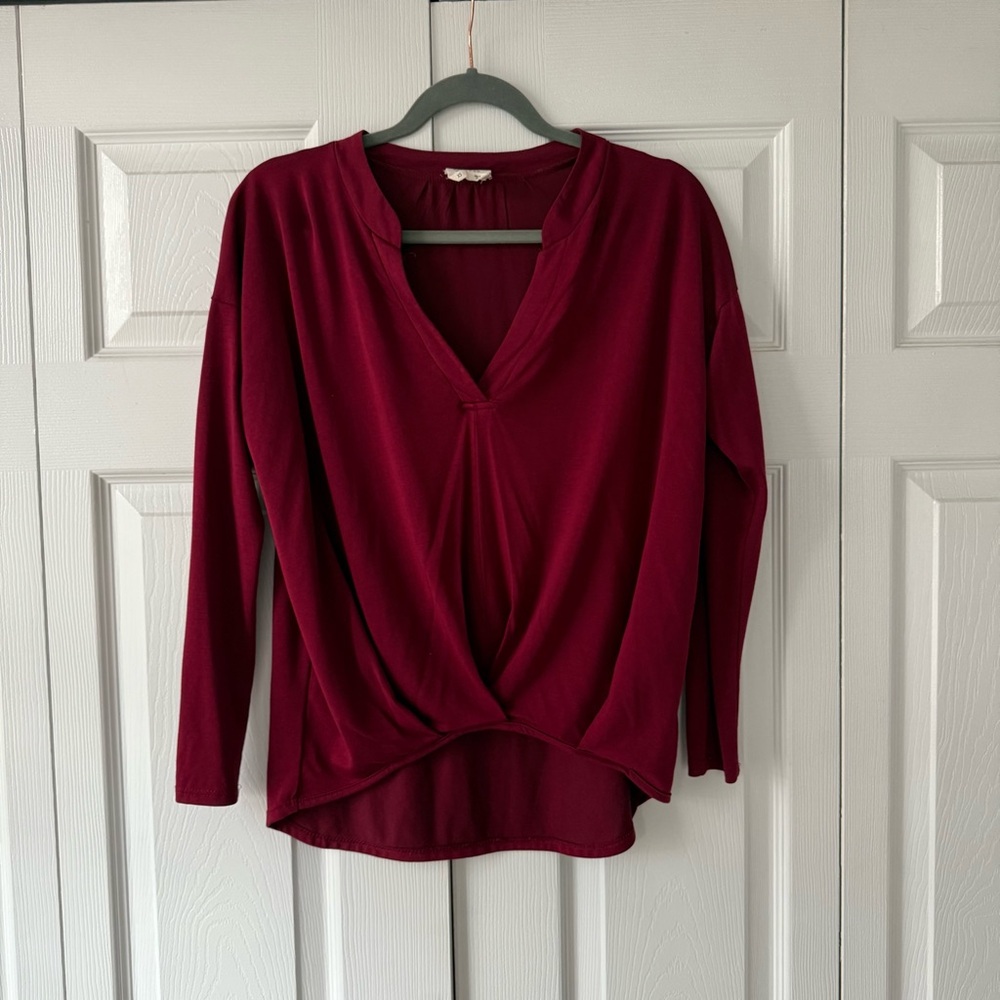 Women's Burgundy V-Neck Blouse with twist detail: business, holidays formal chic